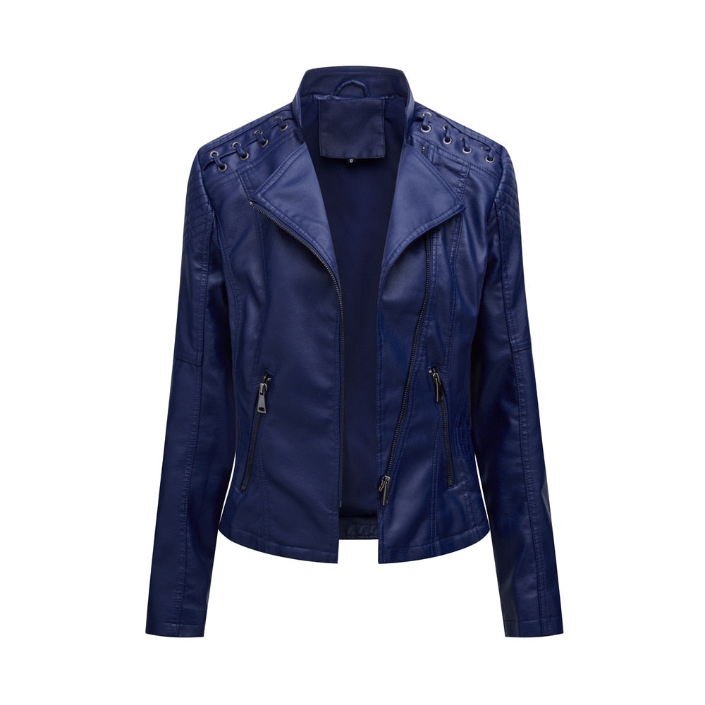 Women Fashion Lace-up Leather Jacket Slim Fit Spring Autumn Zipper Jacket - WJK2572