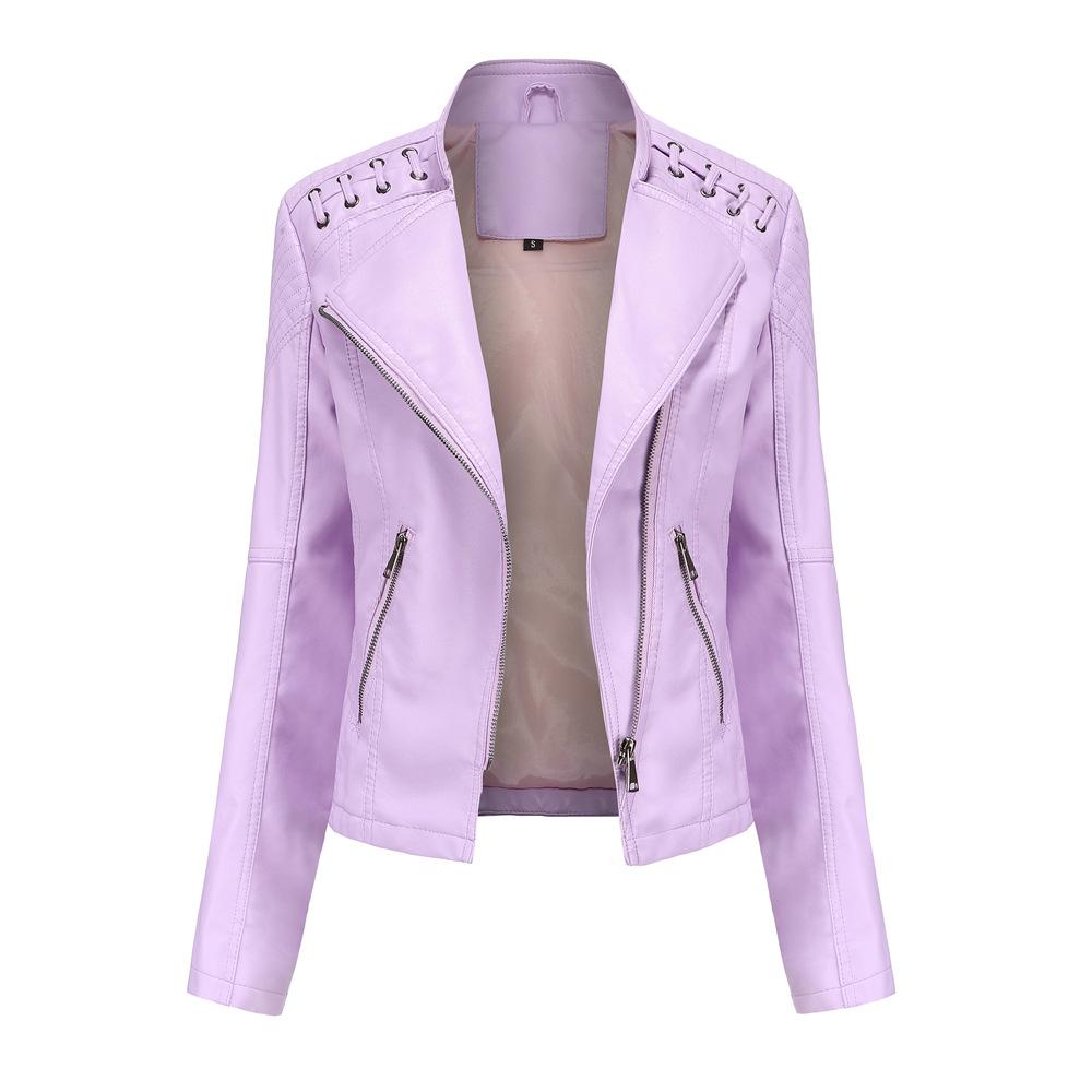 Women Fashion Lace-up Leather Jacket Slim Fit Spring Autumn Zipper Jacket - WJK2572