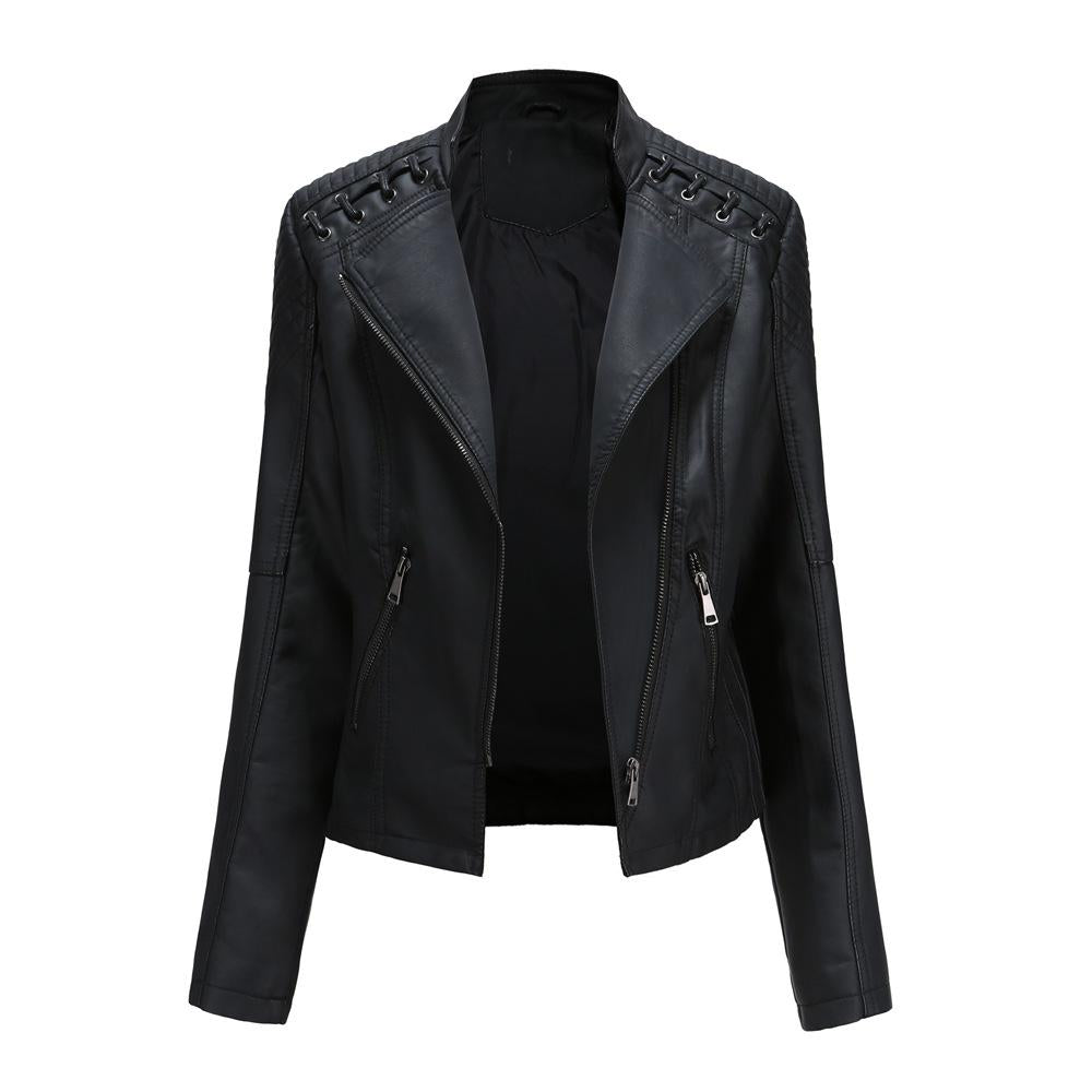 Women Fashion Lace-up Leather Jacket Slim Fit Spring Autumn Zipper Jacket - WJK2572