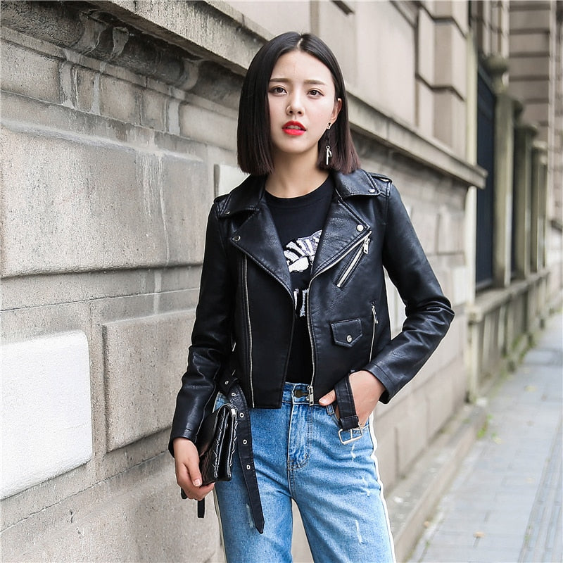 Women Pu Leather Jacket Fashion Coat Short Faux Leather Biker Soft Jacket - WJK2576