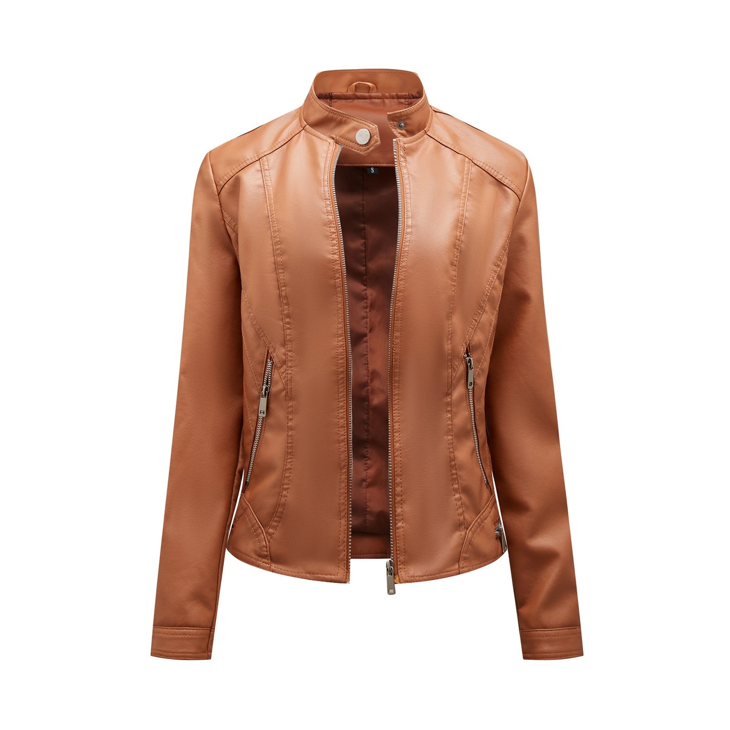 Women Cool Leather Motorcycle Jacket Stand Collar Female Slim PU Coats - WJK2608