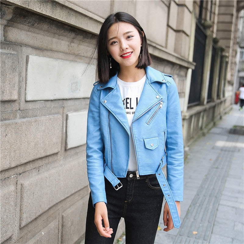 Women Pu Leather Jacket Fashion Coat Short Faux Leather Biker Soft Jacket - WJK2576