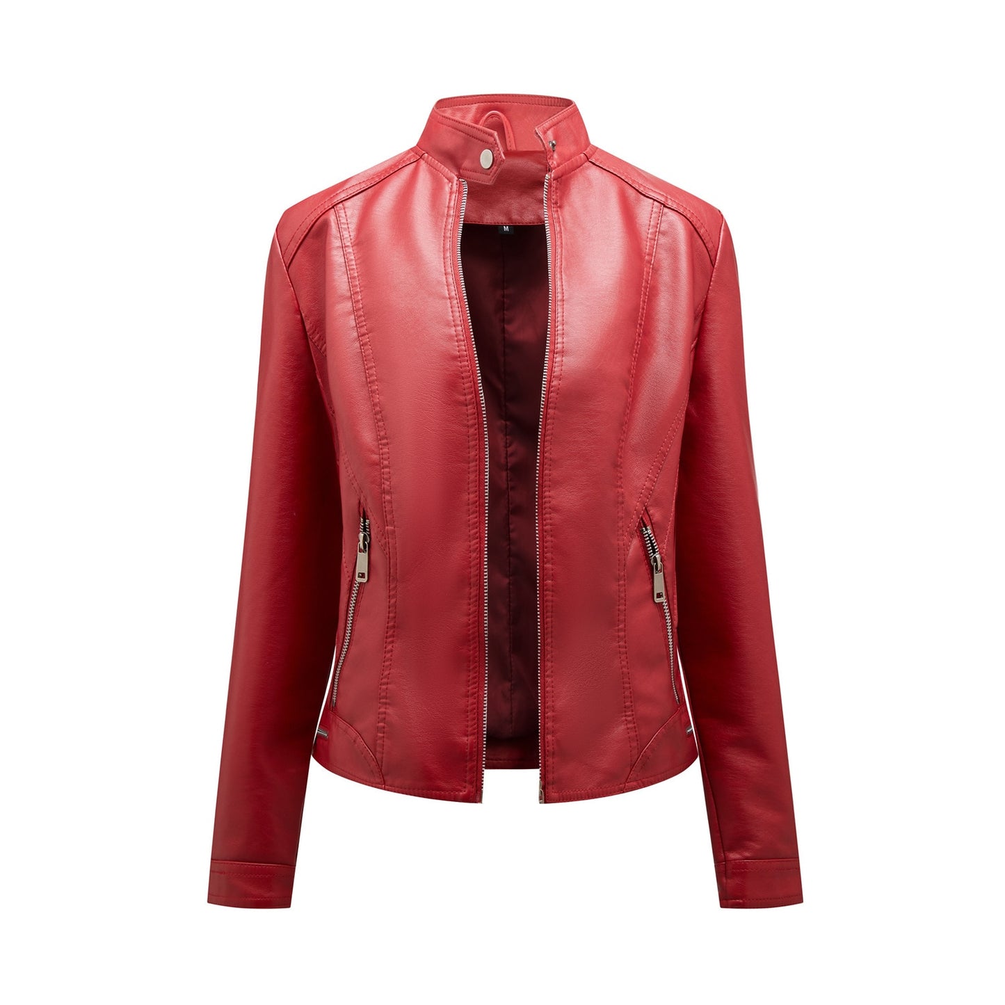 Women Cool Leather Motorcycle Jacket Stand Collar Female Slim PU Coats - WJK2608