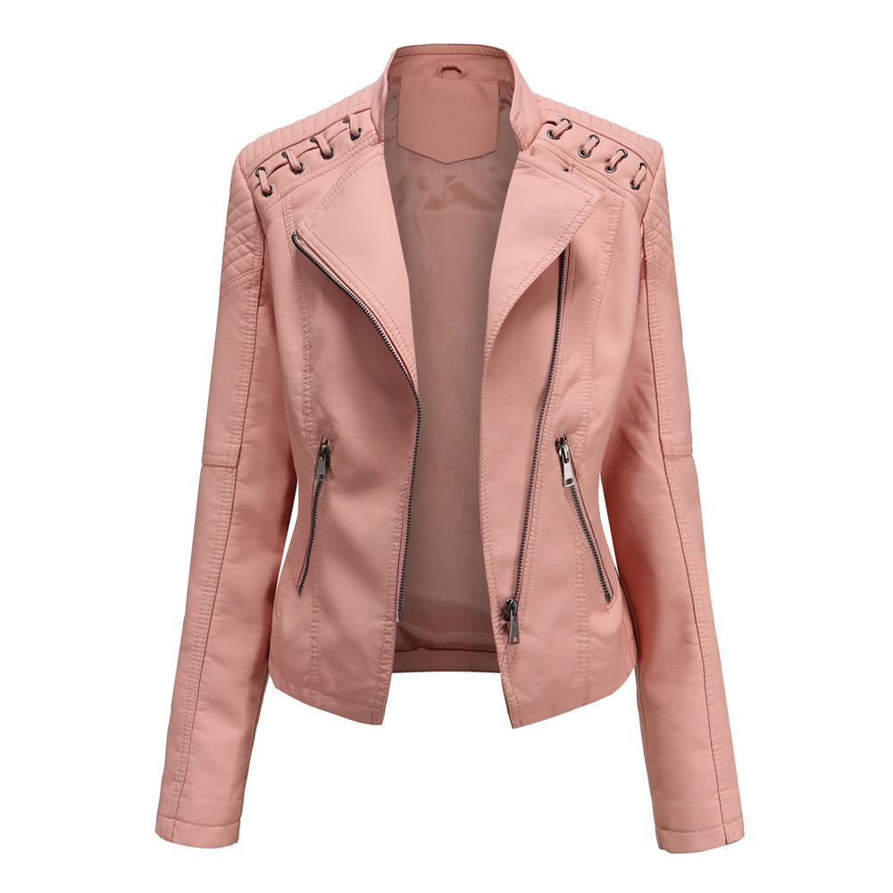 Women Fashion Lace-up Leather Jacket Slim Fit Spring Autumn Zipper Jacket - WJK2572