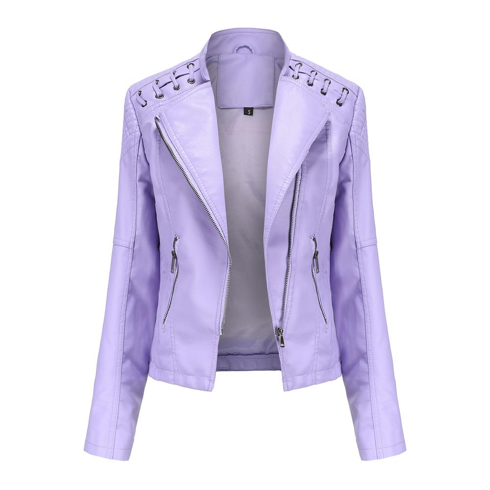 Women Fashion Lace-up Leather Jacket Slim Fit Spring Autumn Zipper Jacket - WJK2572