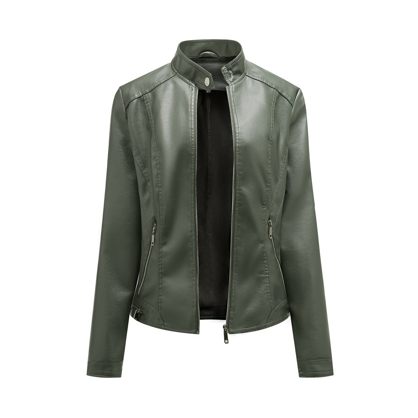 Women Cool Leather Motorcycle Jacket Stand Collar Female Slim PU Coats - WJK2608