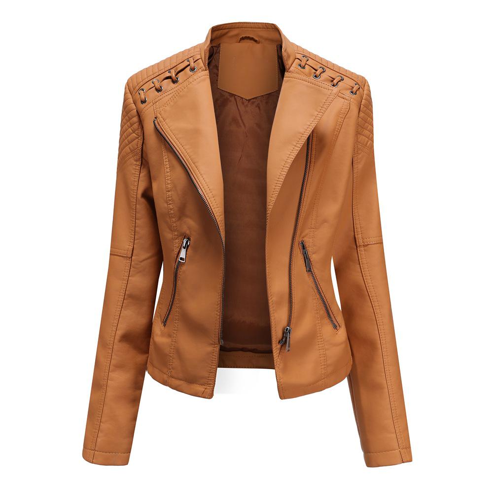 Women Fashion Lace-up Leather Jacket Slim Fit Spring Autumn Zipper Jacket - WJK2572