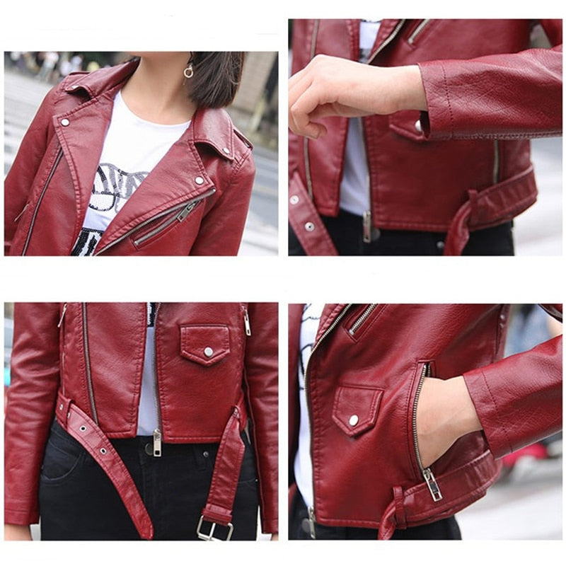 Women Pu Leather Jacket Fashion Coat Short Faux Leather Biker Soft Jacket - WJK2576