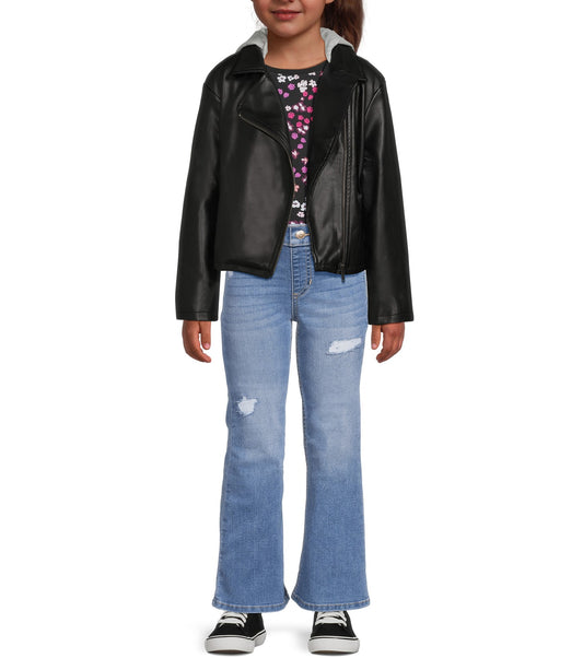 Girls Faux Leather Moto Jacket with Knit Hood - ZB148