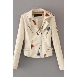 Women Loose Embroidery Style Long Sleeve Elastic Cuff Thick Winter Round Neck PU Leather Jacket - WJK88985