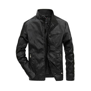 Men Solid Color Stand Collar Zipper Closure Leather Jacket  MJC15419