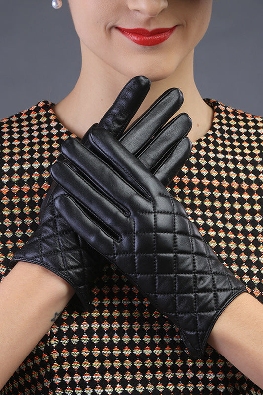 Women Comfortable Coldproof Lattice Pattern Leather Gloves - WLG92567