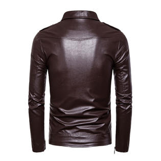 Men Solid Color Diagonal Zipper Closure Leather Jacket  MJC15314