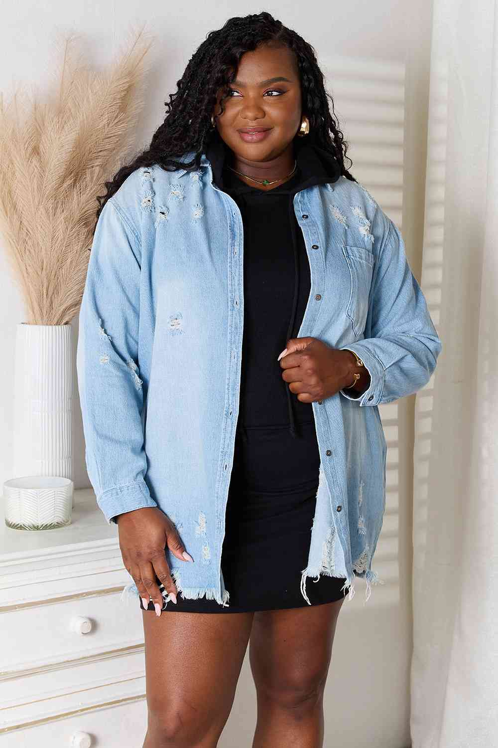 Women's RISEN Full Size Distressed Raw Hem Denim Jacket