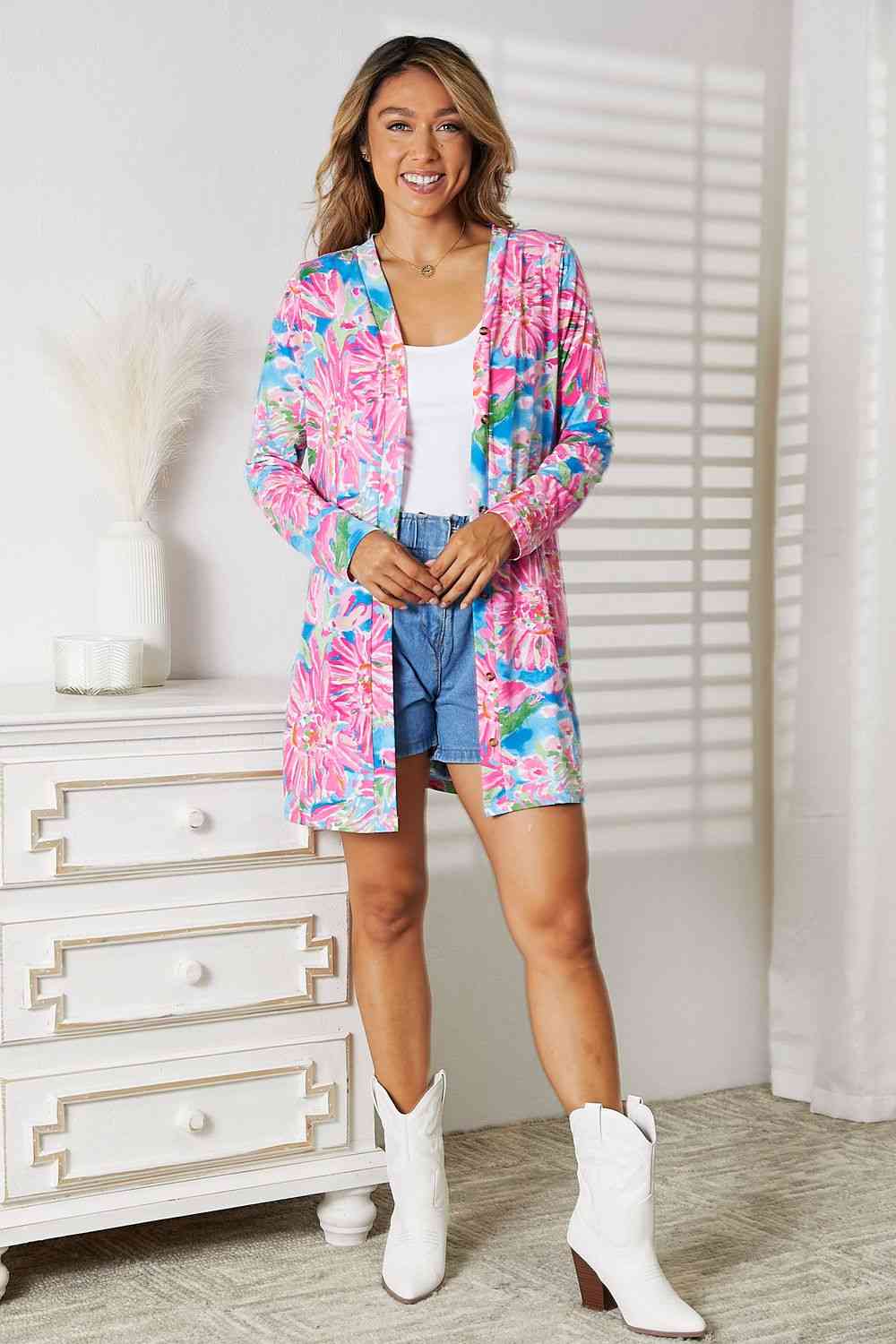 Women's Double Take Floral Open Front Long Sleeve Cardigan