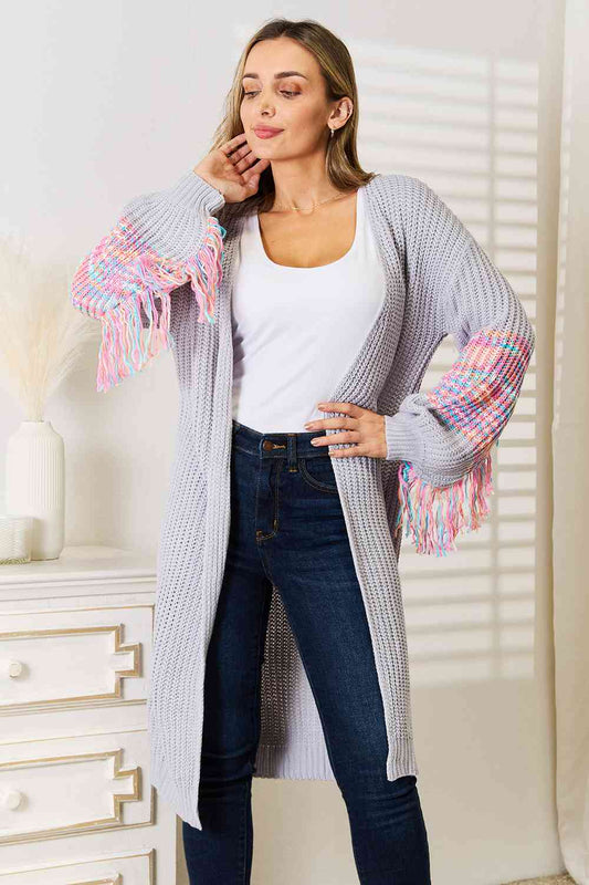 Women's Woven Right Fringe Sleeve Dropped Shoulder Cardigan