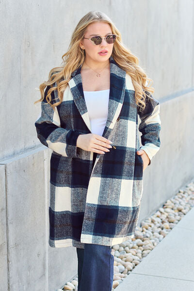 Women's Double Take Full Size Plaid Button Up Lapel Collar Coat