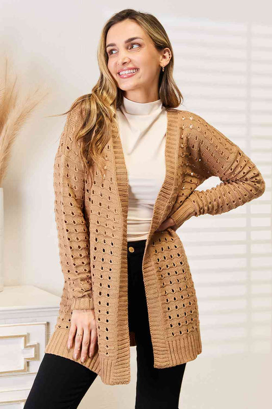 Women's Woven Right Openwork Horizontal Ribbing Open Front Cardigan