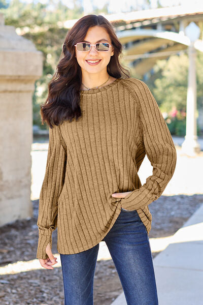 Basic Bae Full Size Ribbed Round Neck Long Sleeve Knit Top Sweater