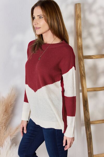 Hailey & Co Full Size Color Block Dropped Shoulder Knit Top Sweater