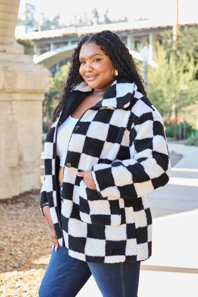 Women's Double Take Full Size Checkered Button Front Coat with Pockets