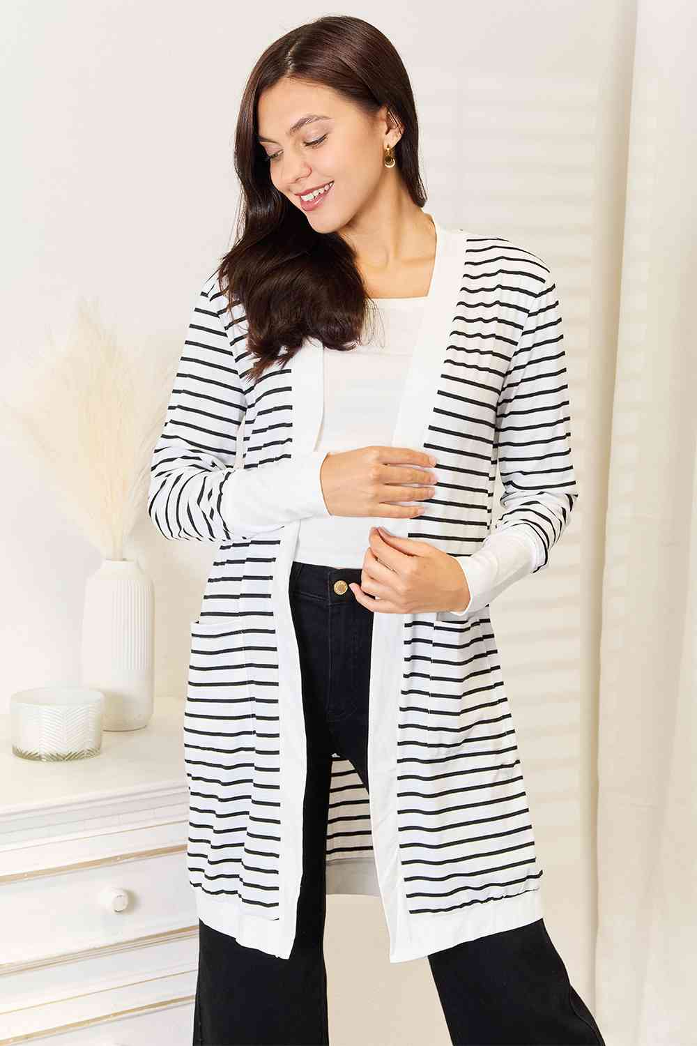 Women's Double Take Striped Open Front Longline Cardigan