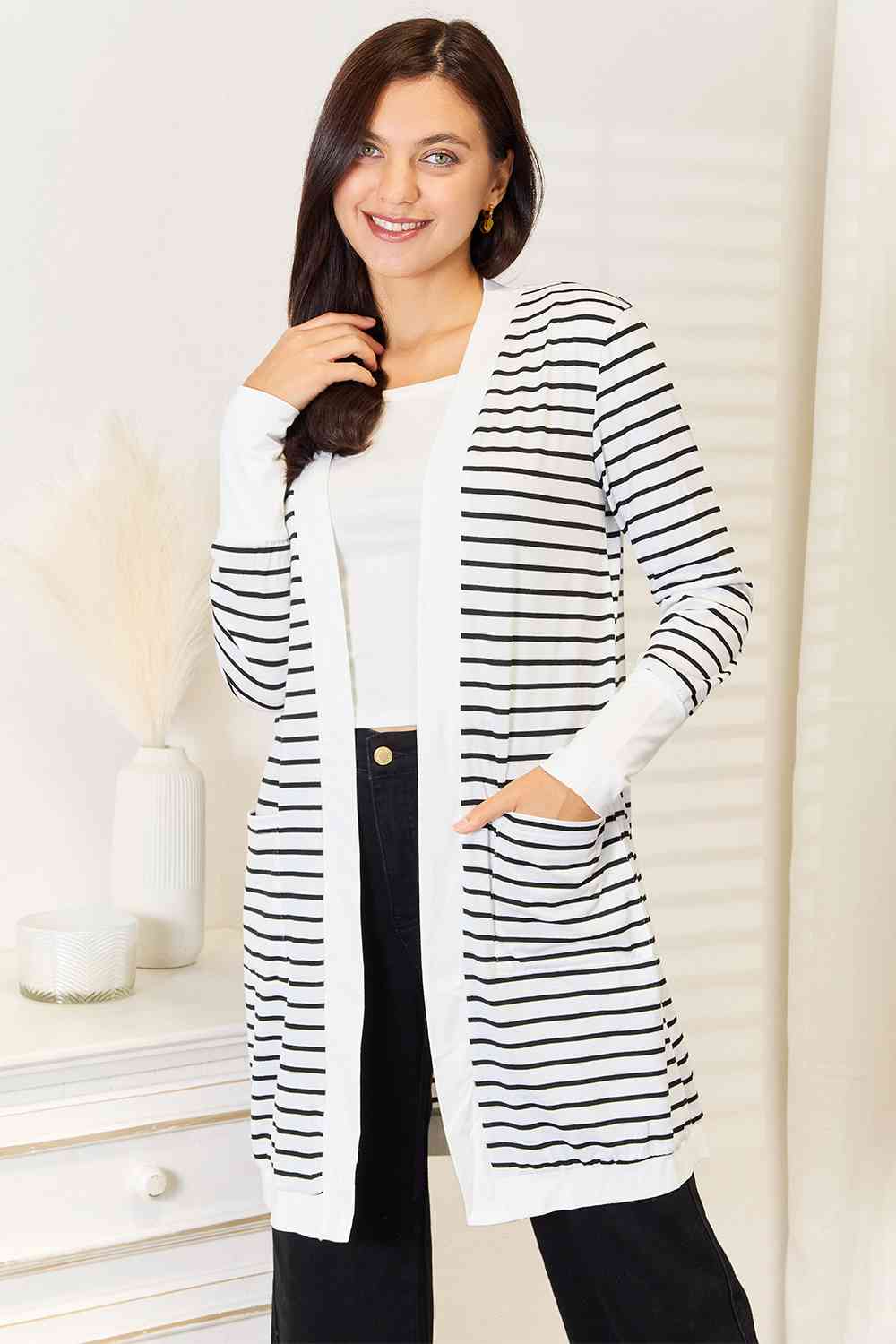 Women's Double Take Striped Open Front Longline Cardigan