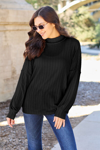 Basic Bae Full Size Ribbed Exposed Seam Mock Neck Knit Top Sweater