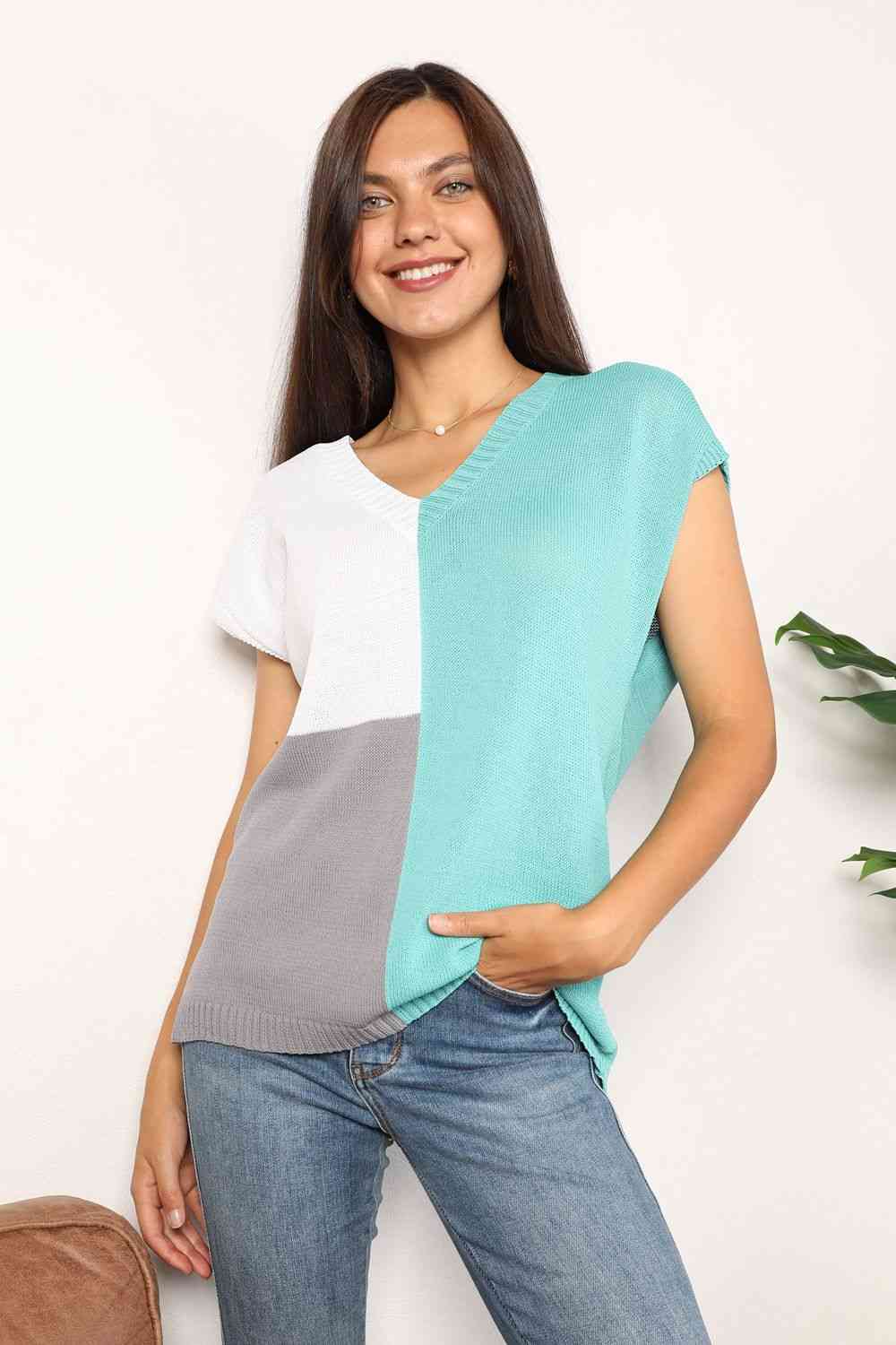 Women's Double Take Color Block V-Neck Knit Top