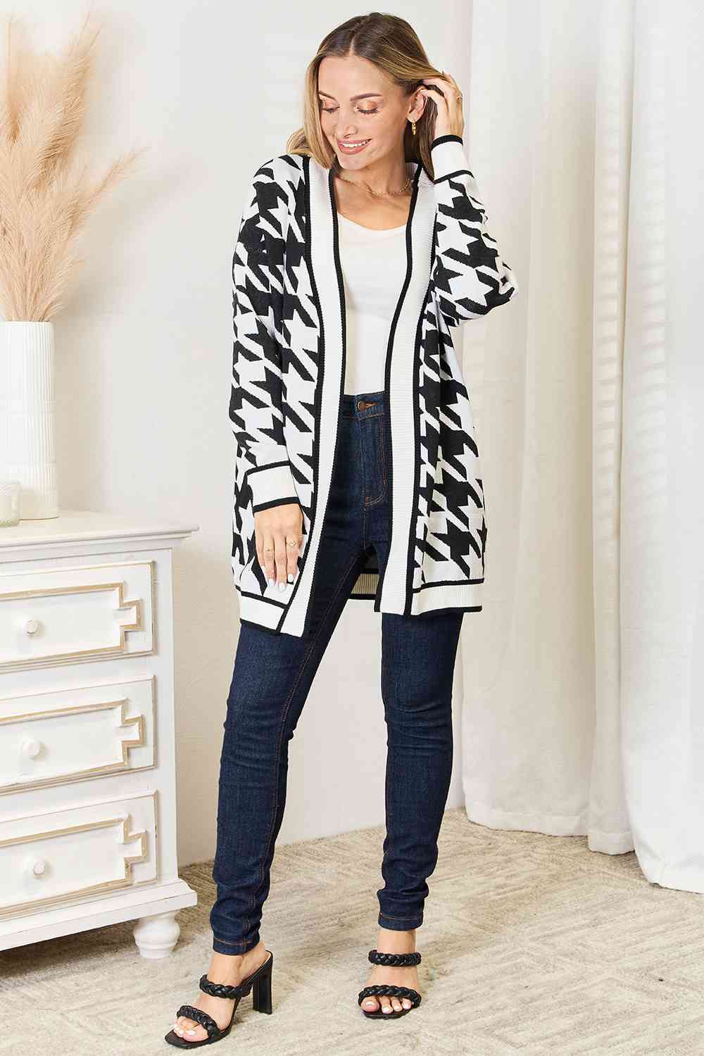 Women's Woven Right Houndstooth Open Front Longline Cardigan