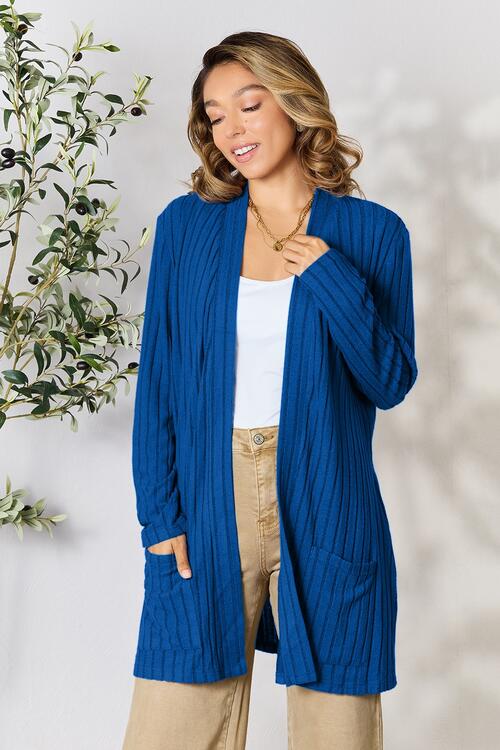 Women Basic Bae Full Size Ribbed Open Front Cardigan with Pockets