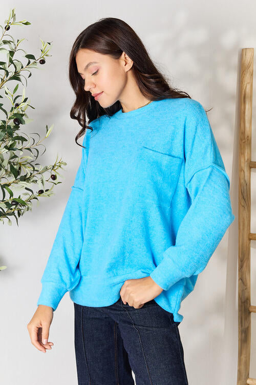 Women's Zenana Round Neck Long Sleeve Sweater with Pocket