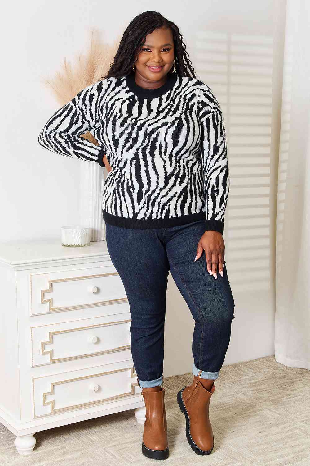 Women's Heimish Full Size Zebra Print Sweater