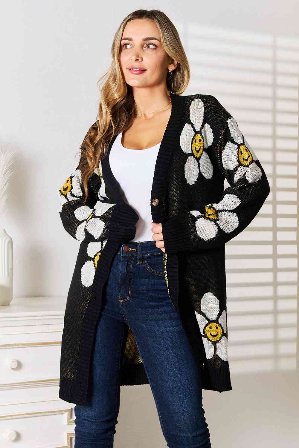 Women's Double Take Floral Button Down Longline Cardigan