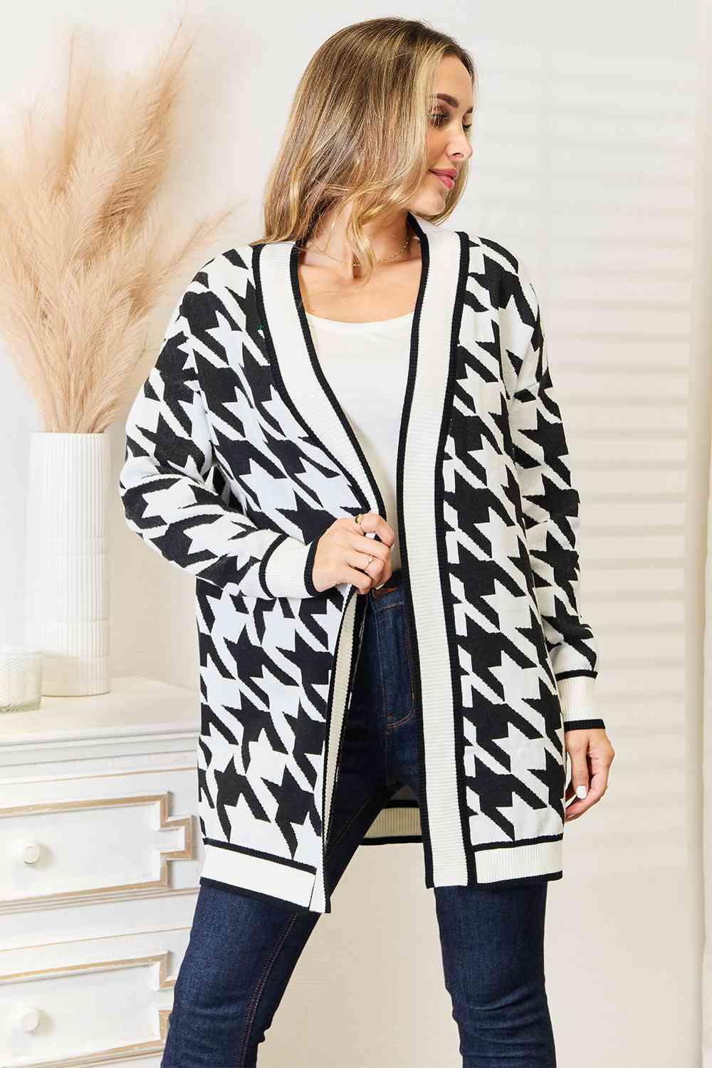 Women's Woven Right Houndstooth Open Front Longline Cardigan