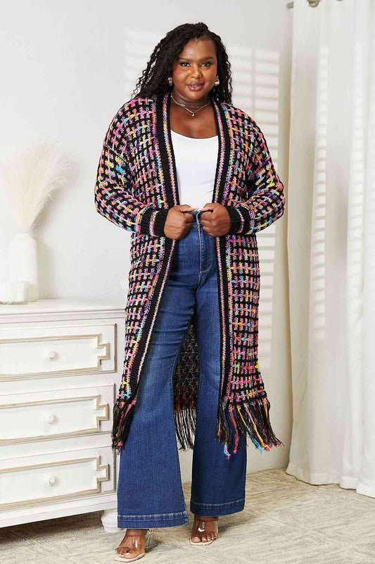 Women's Double Take Full Size Multicolored Open Front Fringe Hem Cardigan