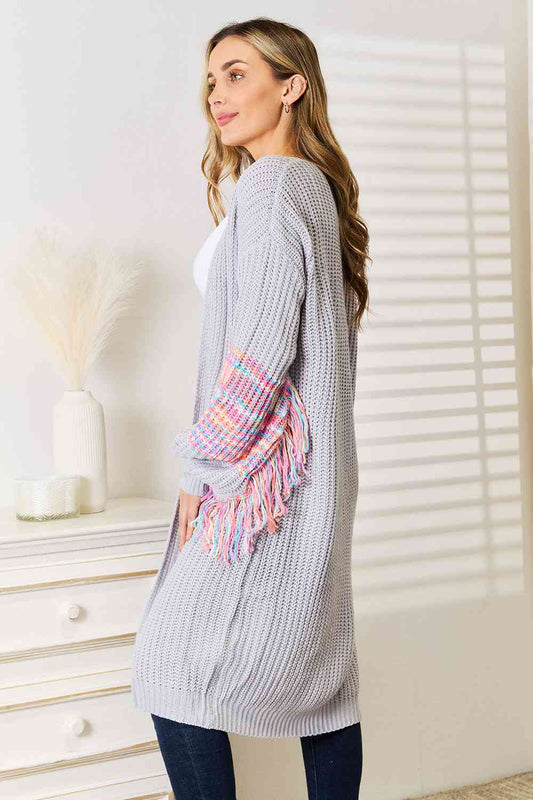 Women's Woven Right Fringe Sleeve Dropped Shoulder Cardigan