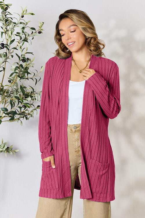 Women Basic Bae Full Size Ribbed Open Front Cardigan with Pockets