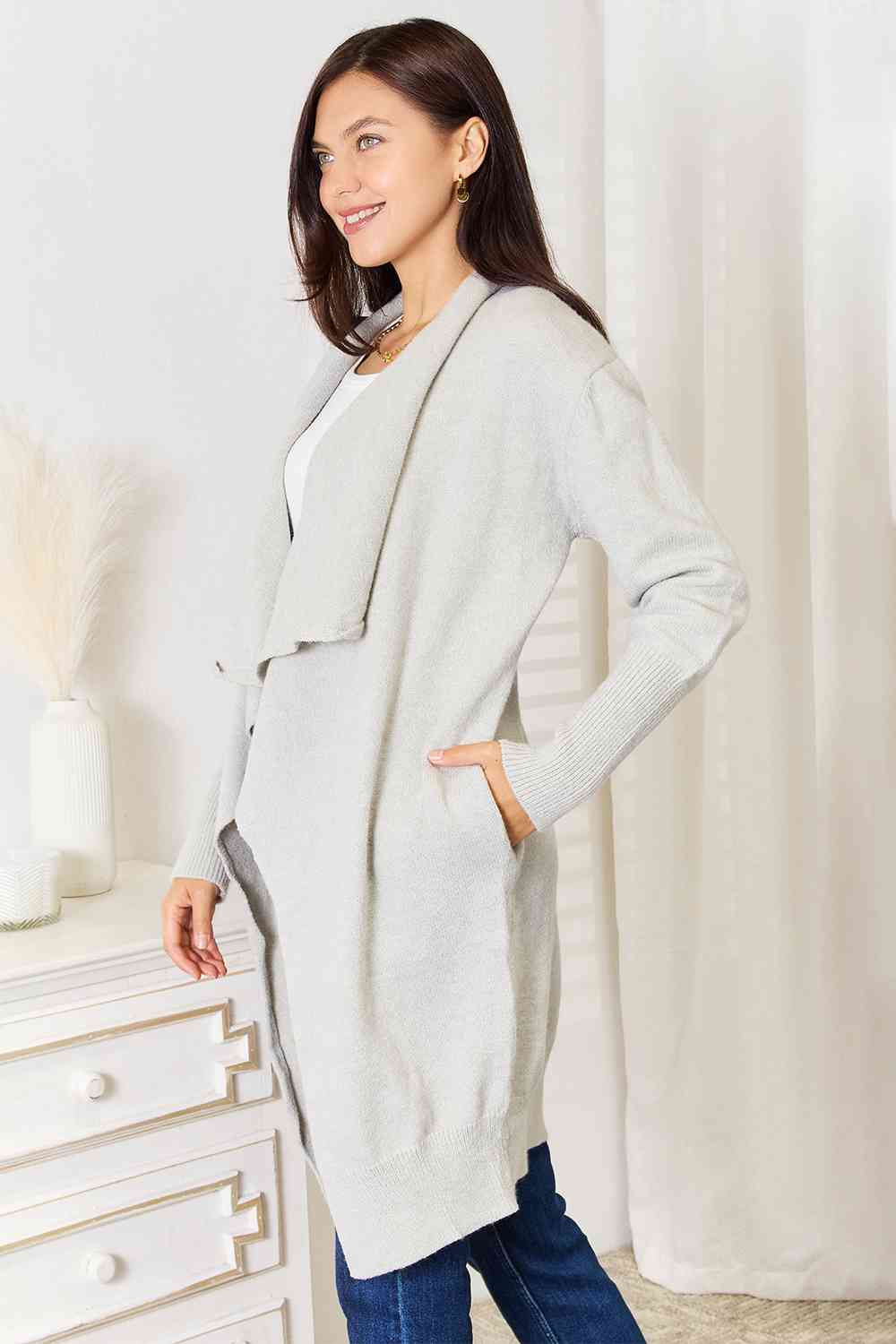 Women's Double Take Open Front Duster Cardigan with Pockets