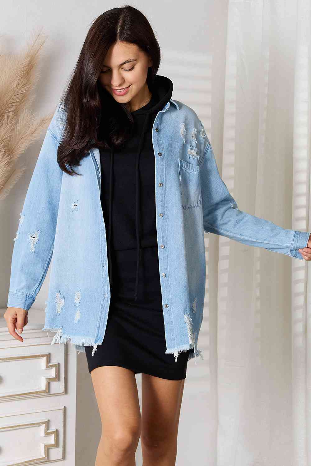 Women's RISEN Full Size Distressed Raw Hem Denim Jacket