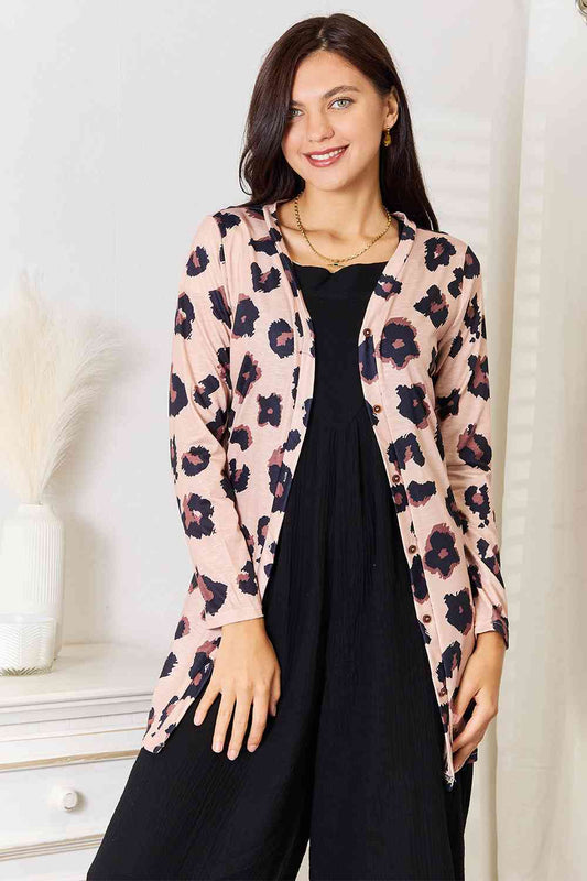 Women's Double Take Printed Button Front Longline Cardigan