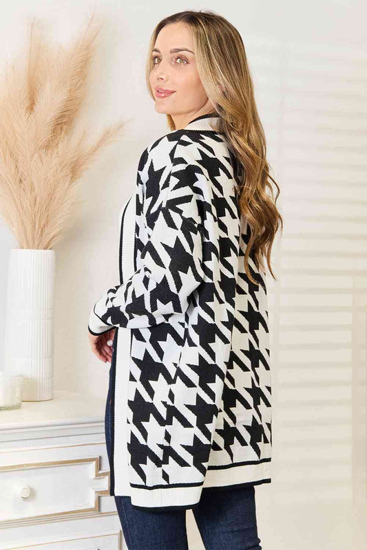 Women's Woven Right Houndstooth Open Front Longline Cardigan