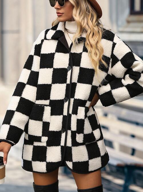 Women's Double Take Full Size Checkered Button Front Coat with Pockets