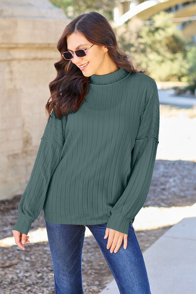 Basic Bae Full Size Ribbed Exposed Seam Mock Neck Knit Top Sweater