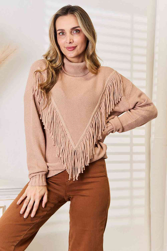 Women Woven Right Turtleneck Fringe Front Long Sleeve Sweater