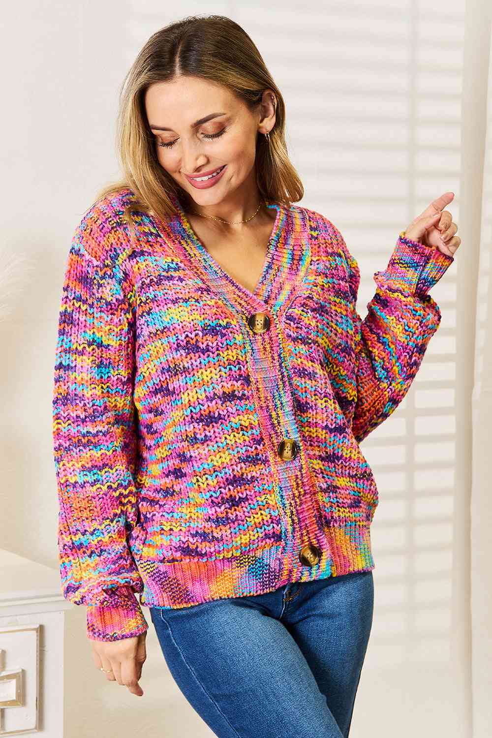 Women's Woven Right V-Neck Long Sleeve Cardigan