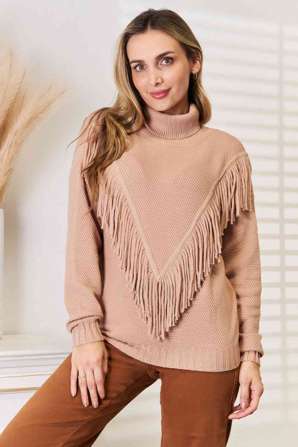 Women Woven Right Turtleneck Fringe Front Long Sleeve Sweater