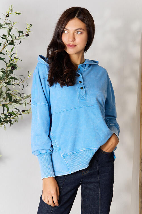 women's Zenana Half Snap Long Sleeve Hoodie with Pockets