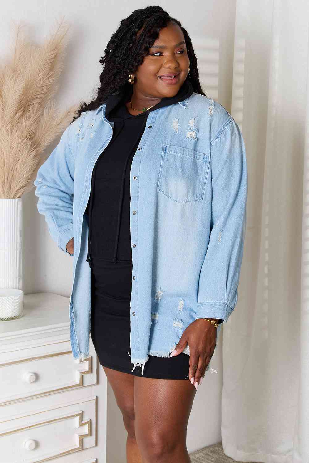 Women's RISEN Full Size Distressed Raw Hem Denim Jacket