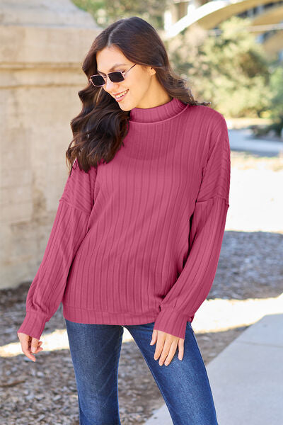 Basic Bae Full Size Ribbed Exposed Seam Mock Neck Knit Top Sweater